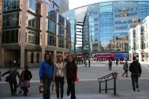 Lexi, Brittney and Hailey on steps of cathedral.