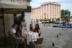 Having breakfast outside our Hotel.