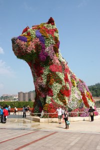 The flower dog in front of the Guggenheim Museum in Bilbao.