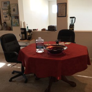 Our temporary kitchen in the bonus room upstairs.